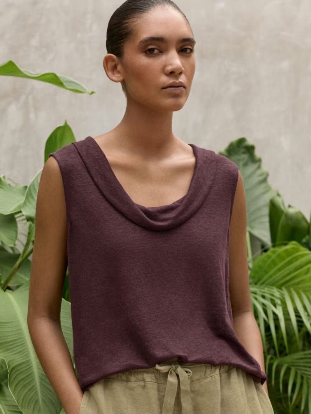 Poetry Folded-Collar Sleeveless Top Sz 8 Purple Dark Brown 100% Linen Cowl Neck